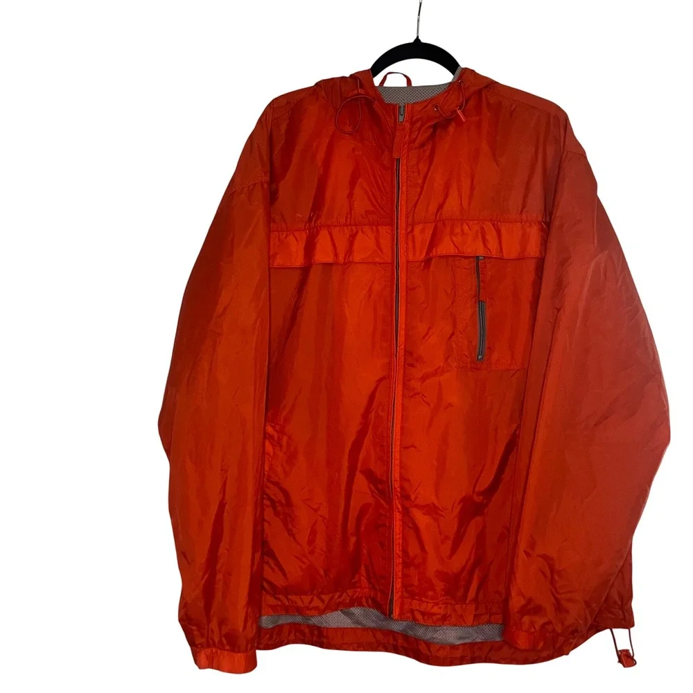Basic Editions Mens Orange Hooded Windbreaker Jacket Full Zip Mesh Lined Large - Picture 2 of 7